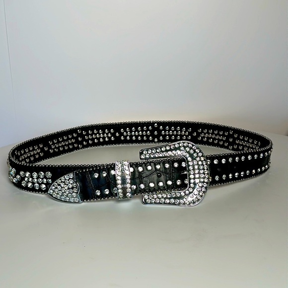 Y2K GENUINE LEATHER BLACK rhinestones changeable buckle 2019 Small rockstar - Picture 6 of 17